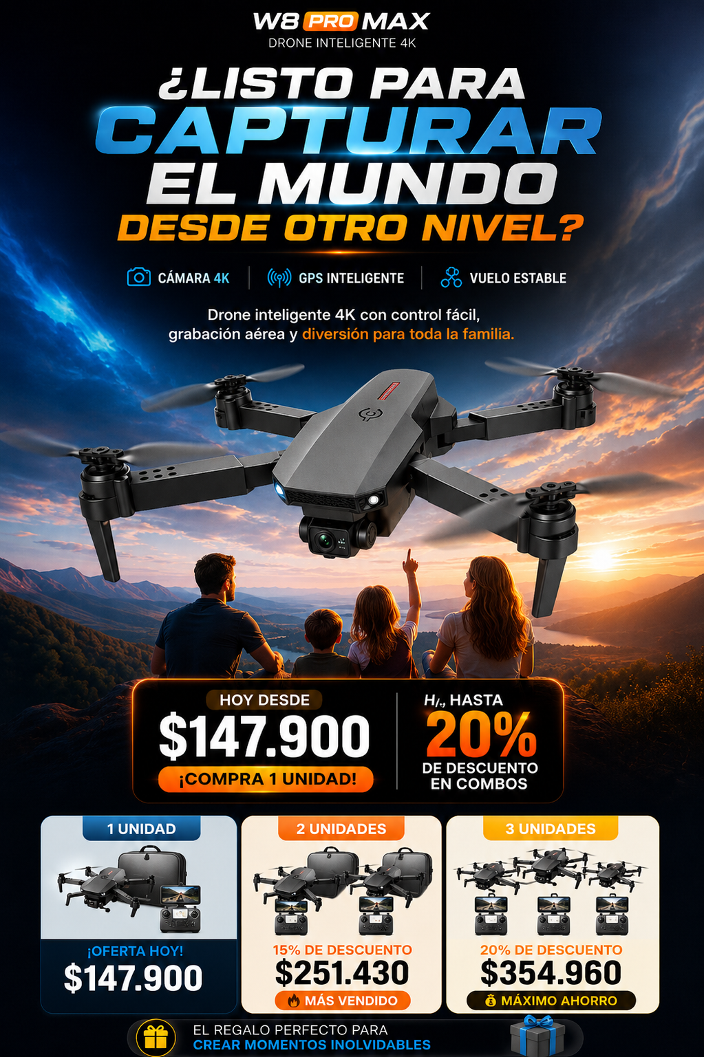 Dron Doble Cámara 4K W8 Pro-Max + Maletín Sky-Falcon