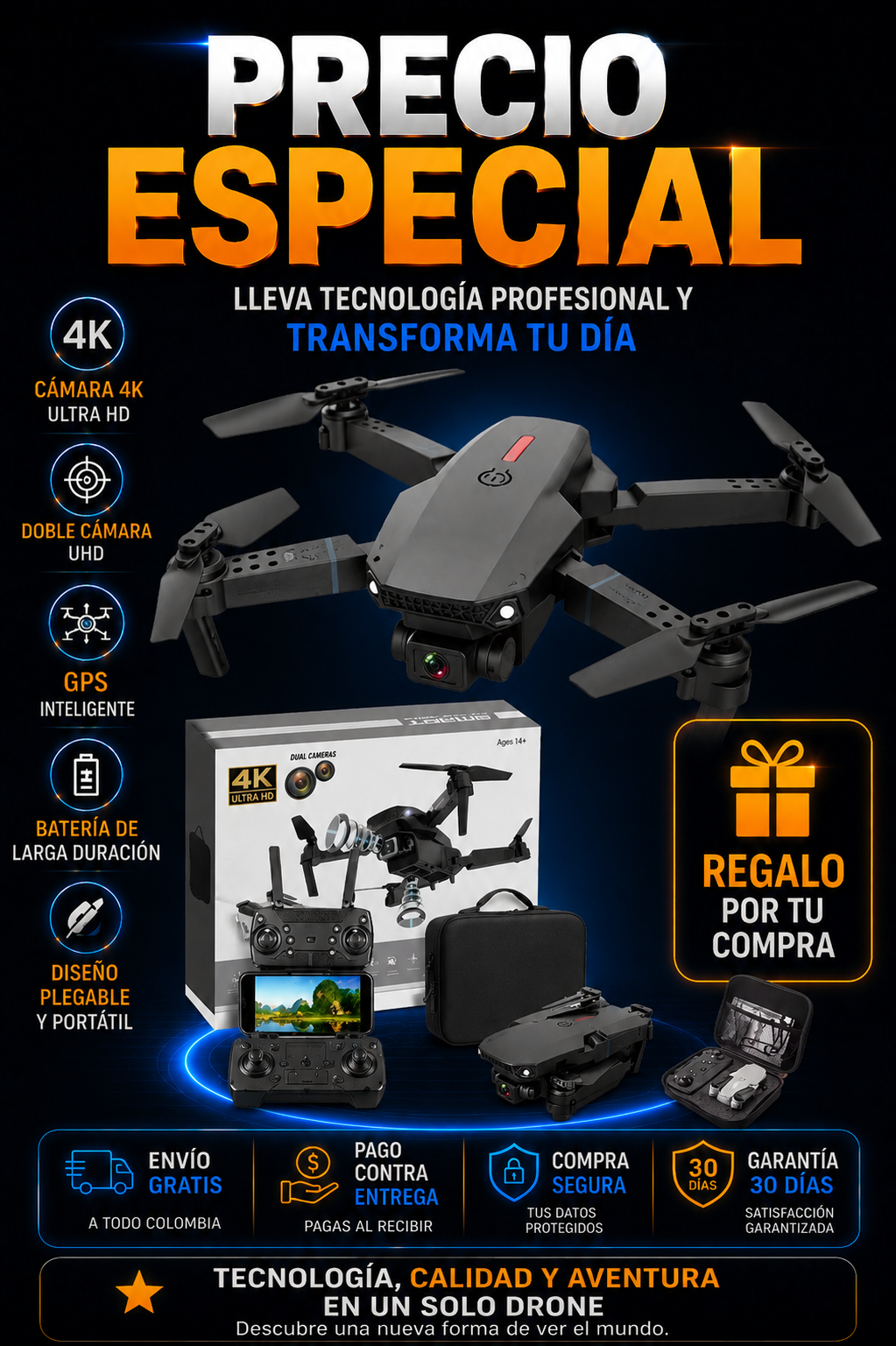 Dron Doble Cámara 4K W8 Pro-Max + Maletín Sky-Falcon