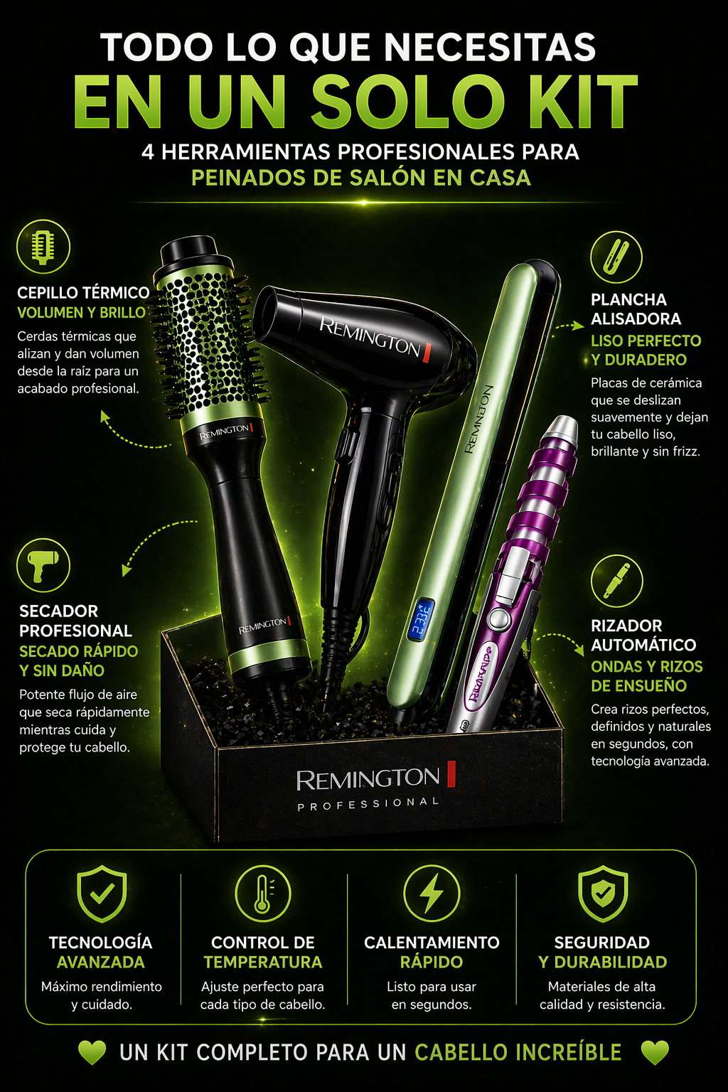 Kit de belleza 4 en 1 Beauty-Hair  (Secador, Rizador, Plancha y Cepillo)