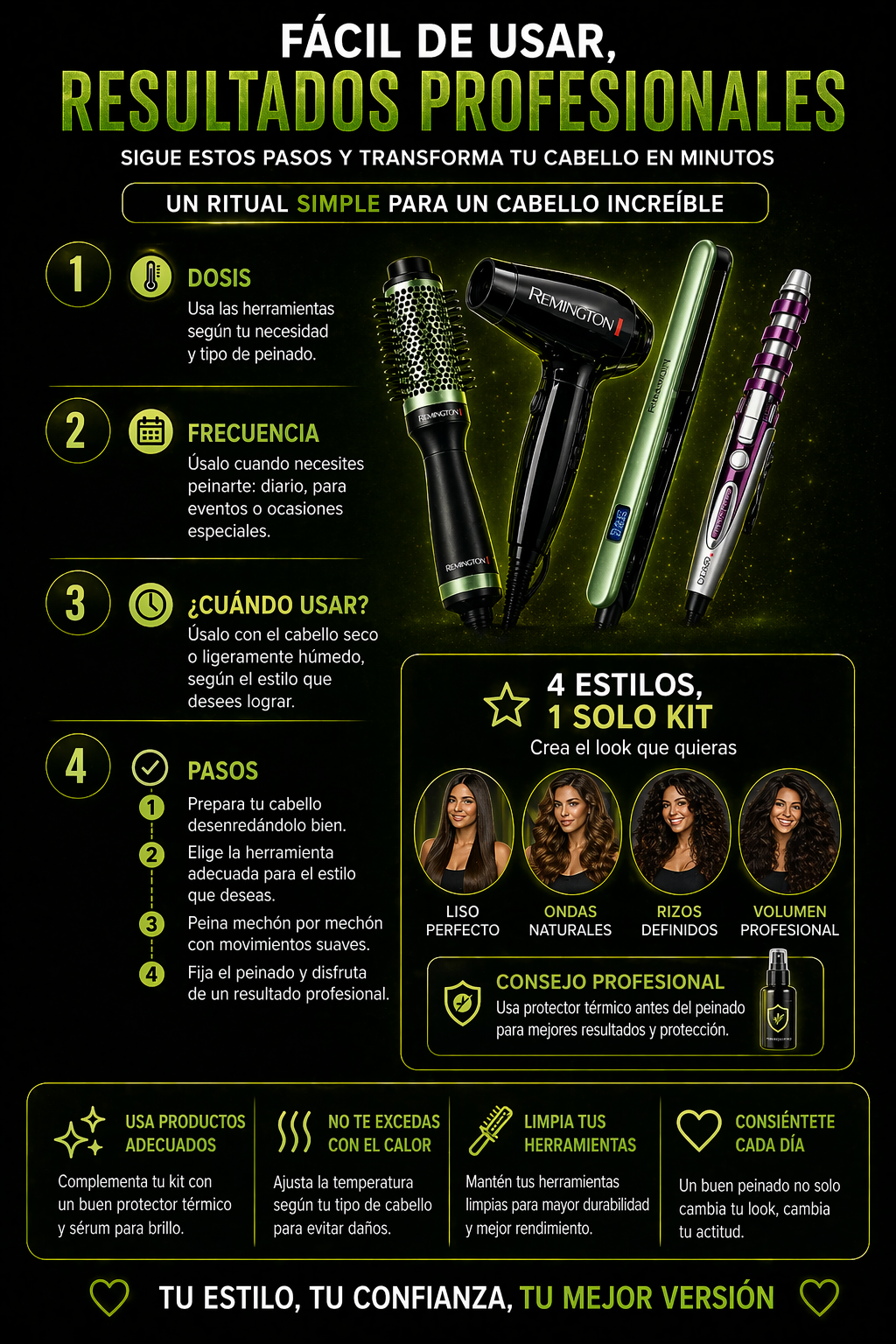 Kit de belleza 4 en 1 Beauty-Hair  (Secador, Rizador, Plancha y Cepillo)