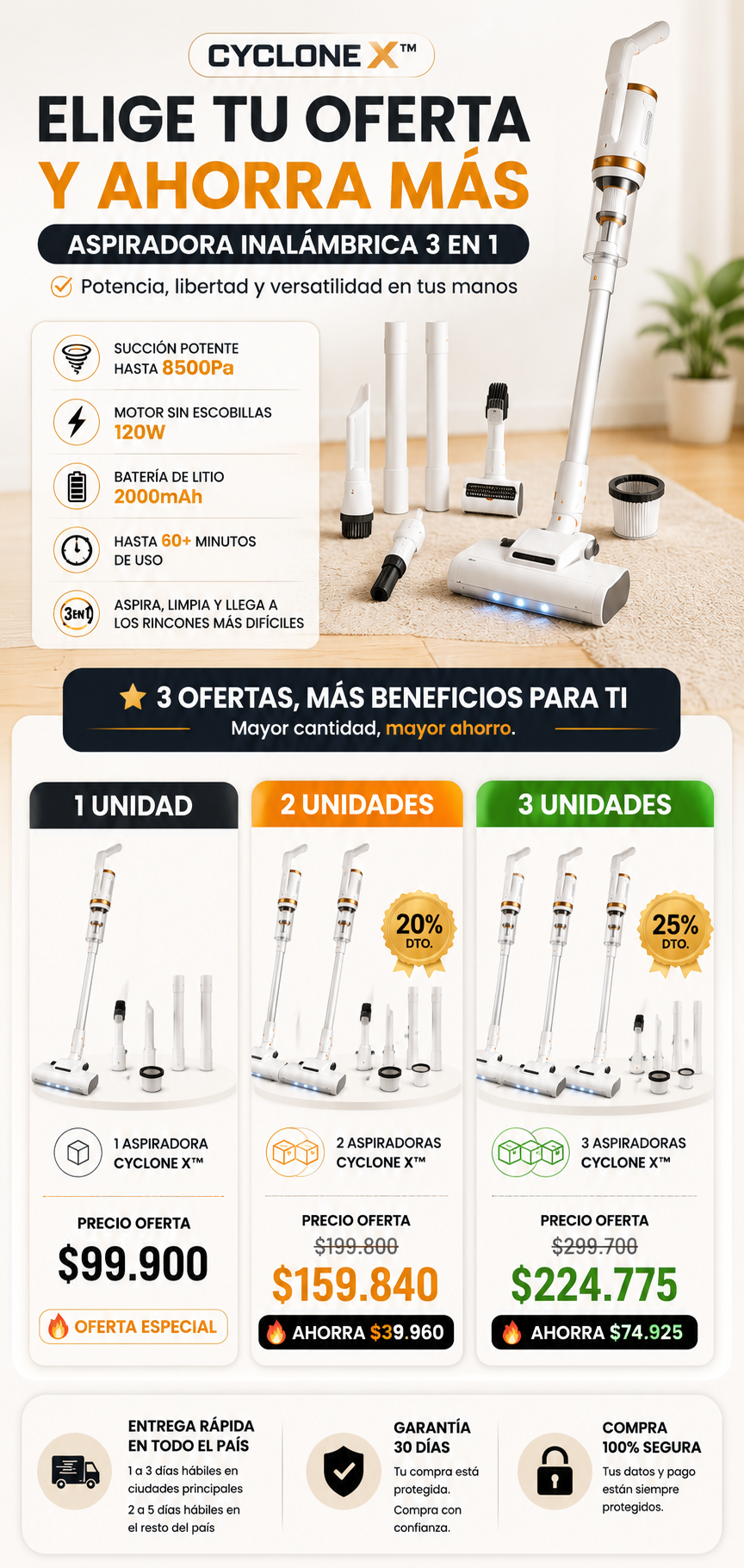Aspiradora Inalámbrica Recargable 3 en 1  CycloneX