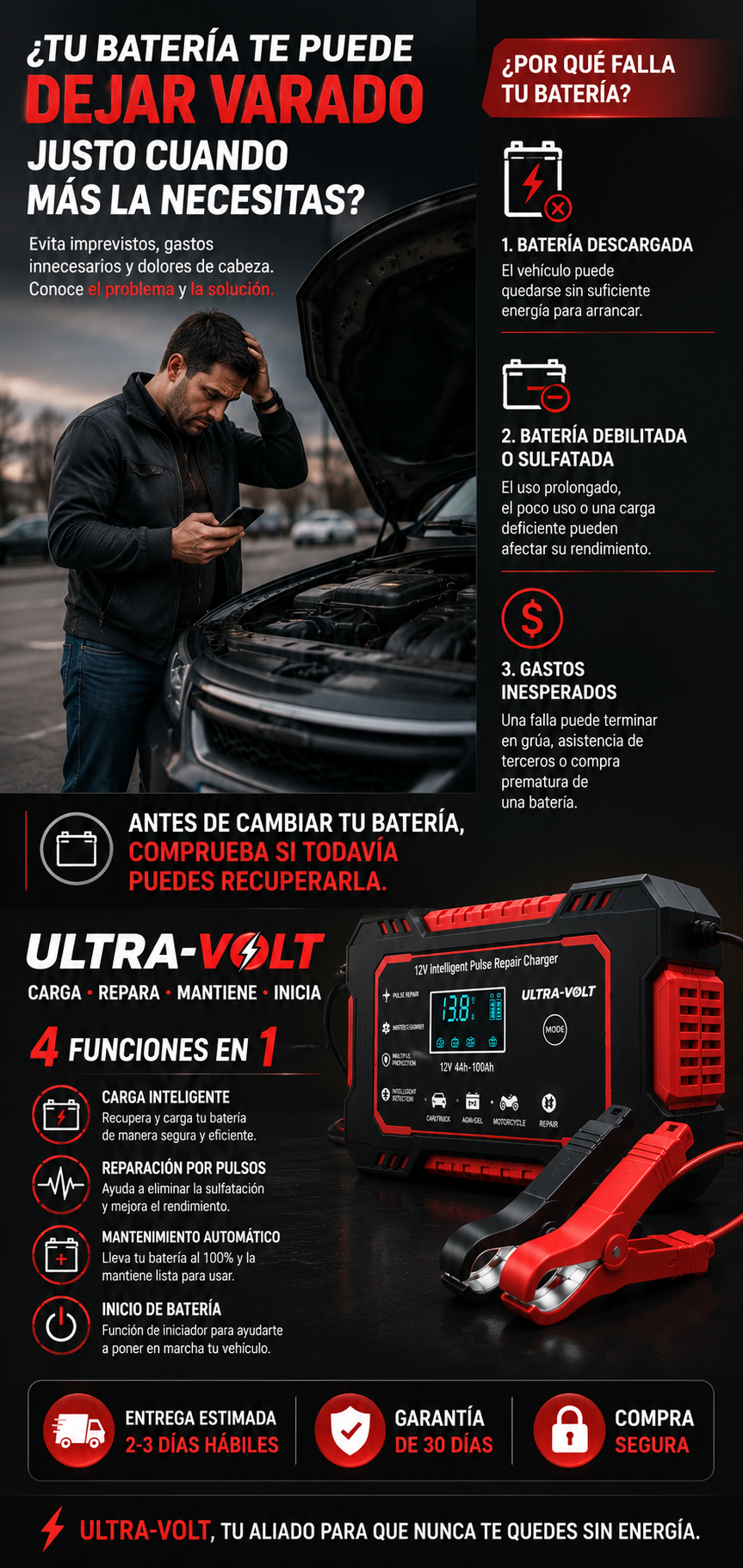 INICIADOR Y CARGADOR DE BATERIA DE 12 V ULTRA-VOLT