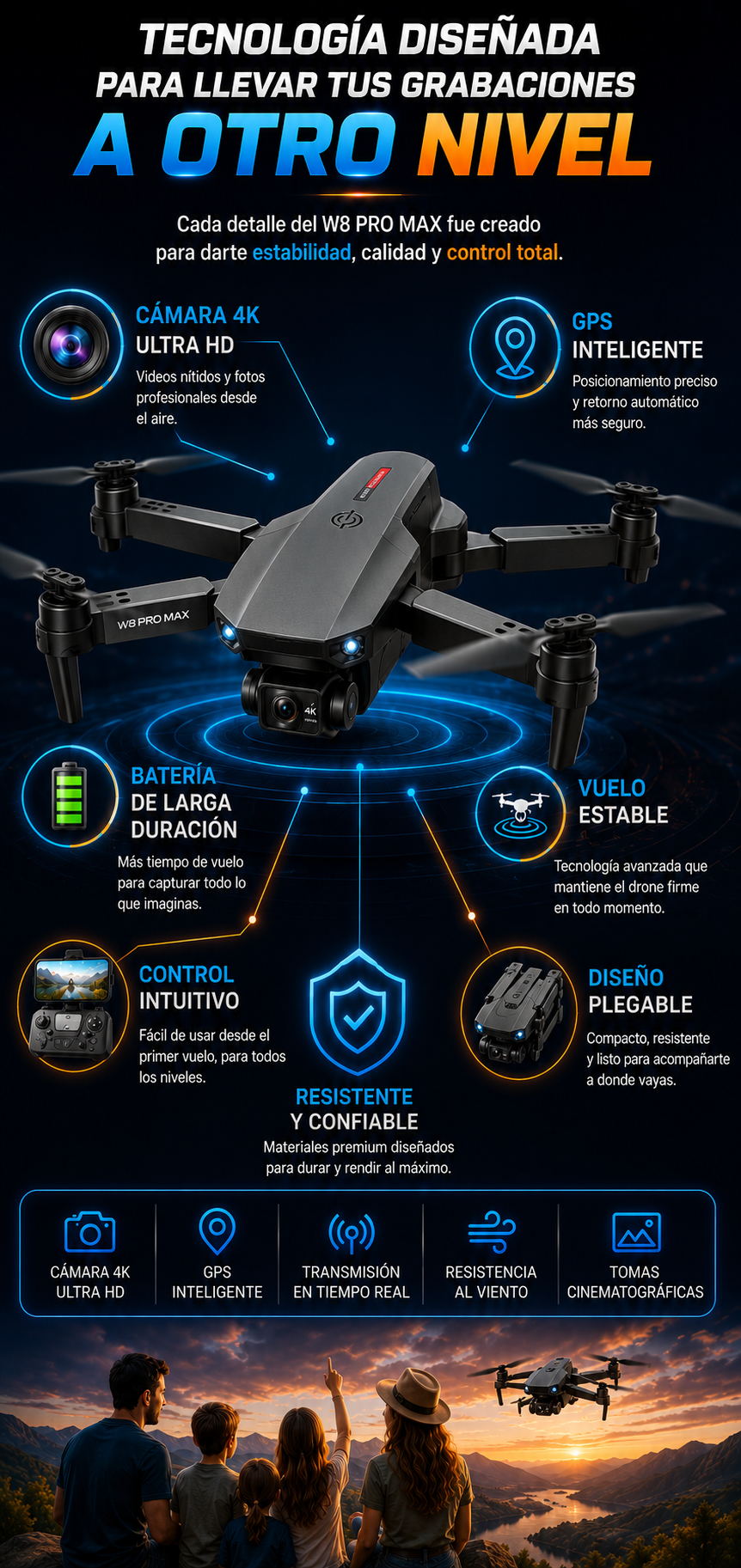 Dron Doble Cámara 4K W8 Pro-Max + Maletín Sky-Falcon