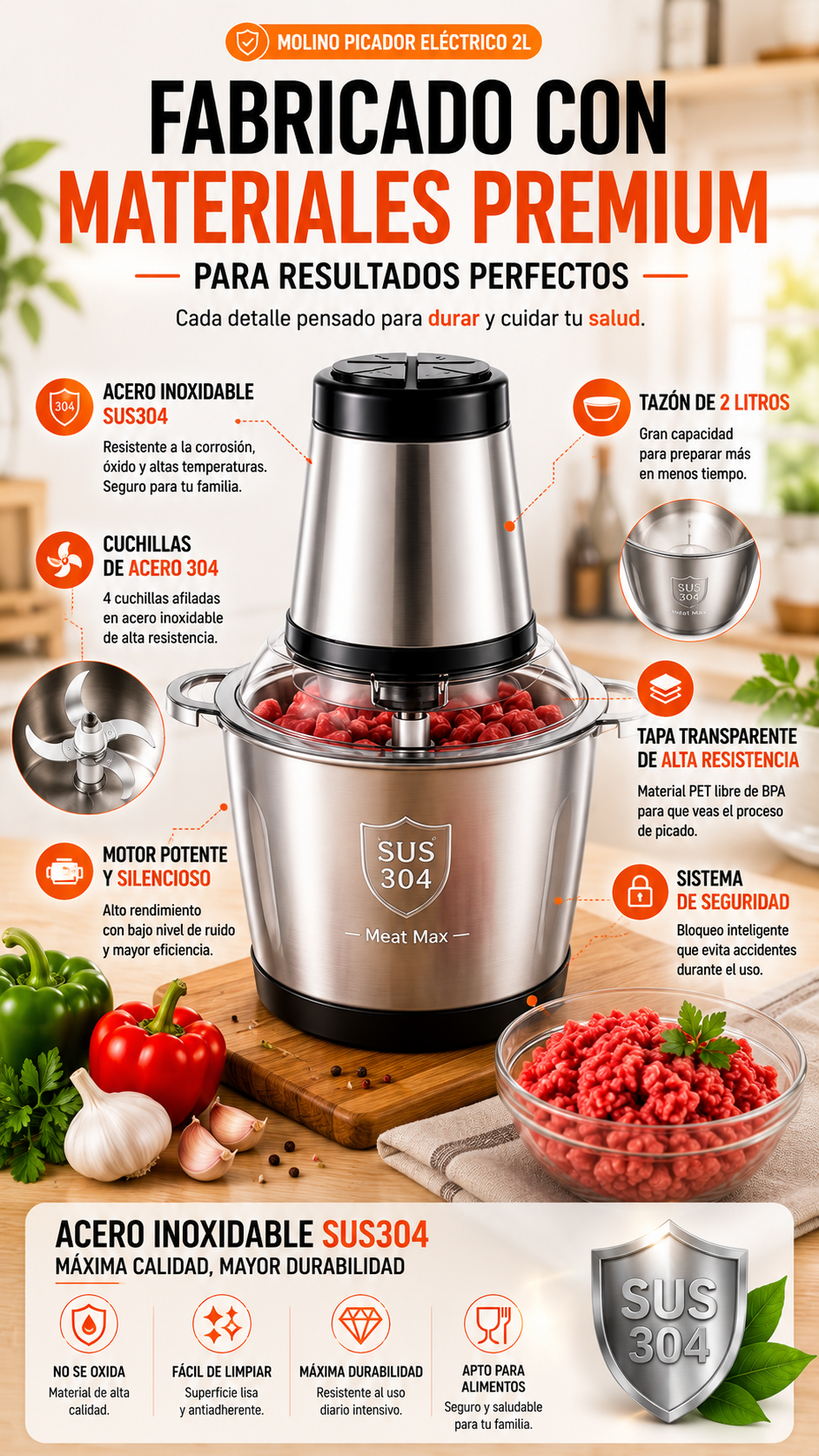 Molino Para Carne Electrico 2 Litros Power Chop